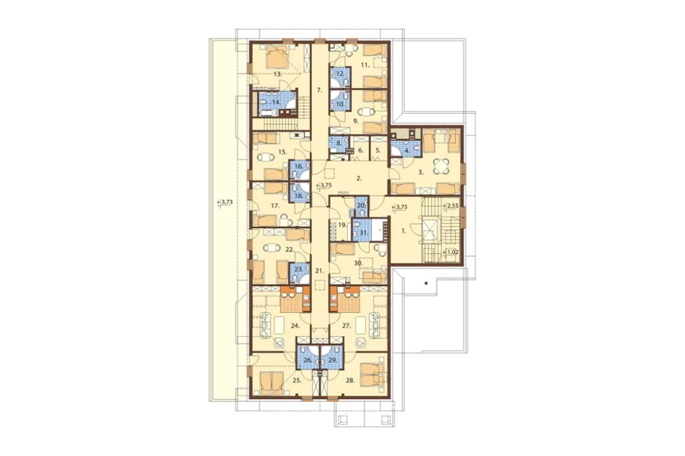 Projekt domu weselnego, restauracji z motelem LK-58 C, parterowy z poddaszem użytkowym, podpiwniczony, z dwoma garażami dwustanowiskowymi  - rzut poddasza