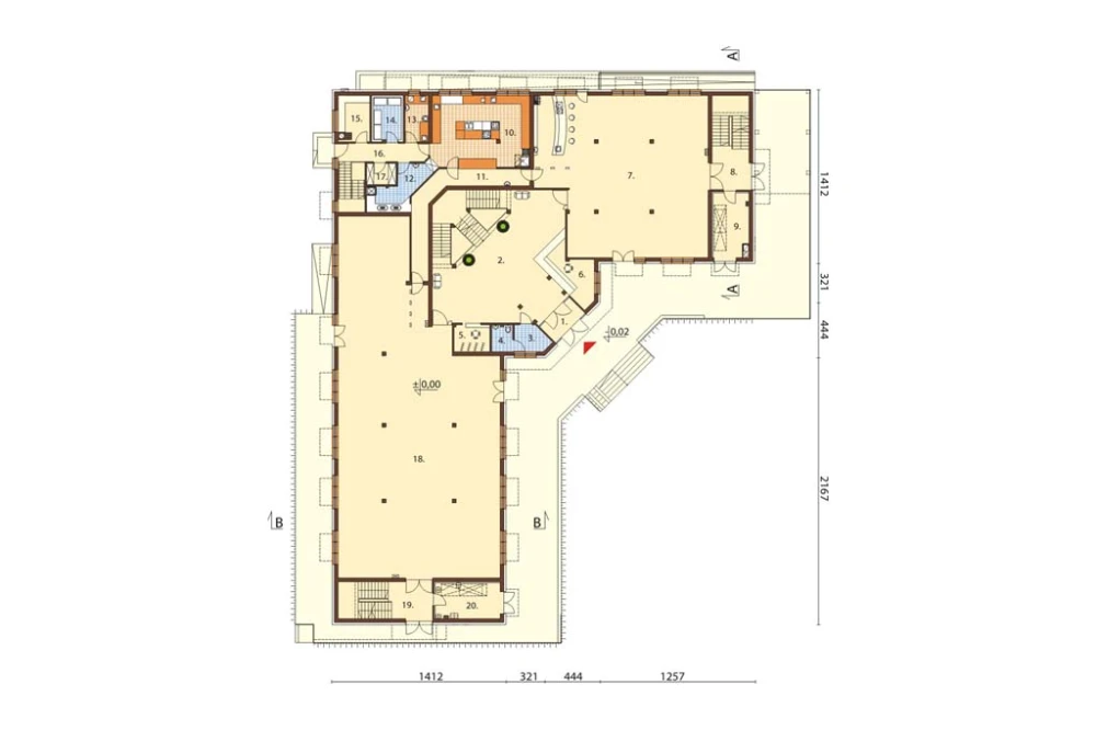 Projekt budynku gastronomiczno - noclegowego LK-59, parterowy z poddaszem użytkowym, podpiwniczony, bez garażu - rzut parteru