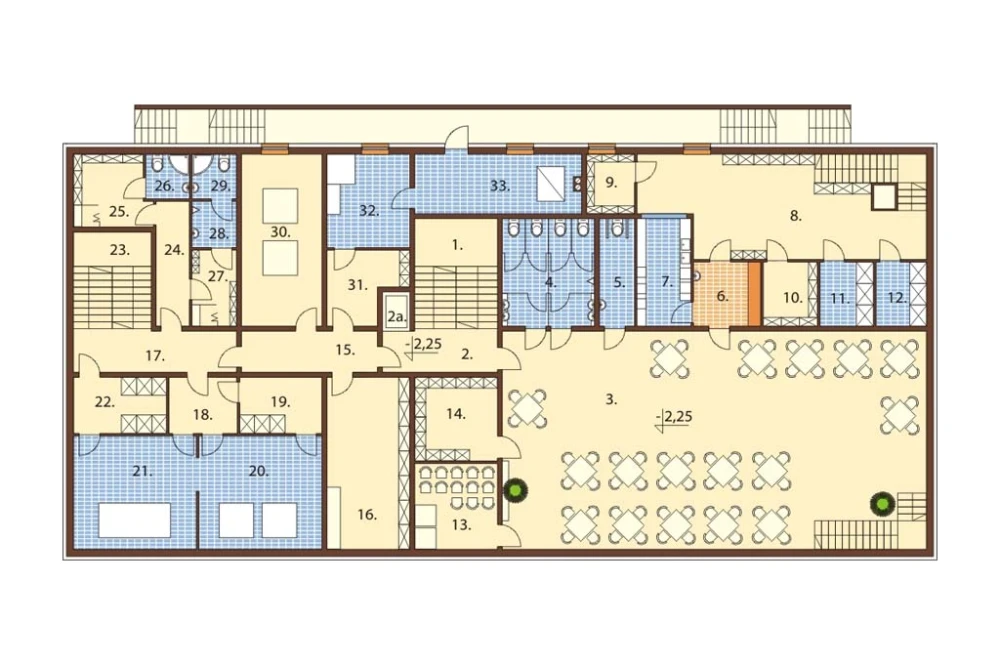 Projekt hotelu K-74, dwupiętrowy, podpiwniczony, bez garażu - rzut piwnicy