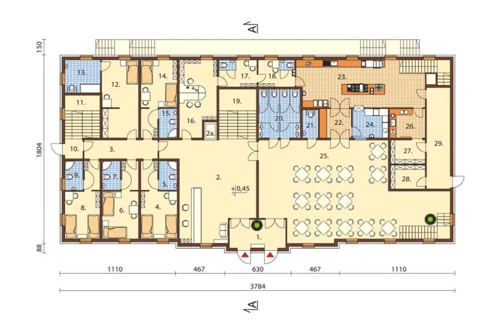 Projekt hotelu K-74, dwupiętrowy, podpiwniczony, bez garażu - rzut parteru