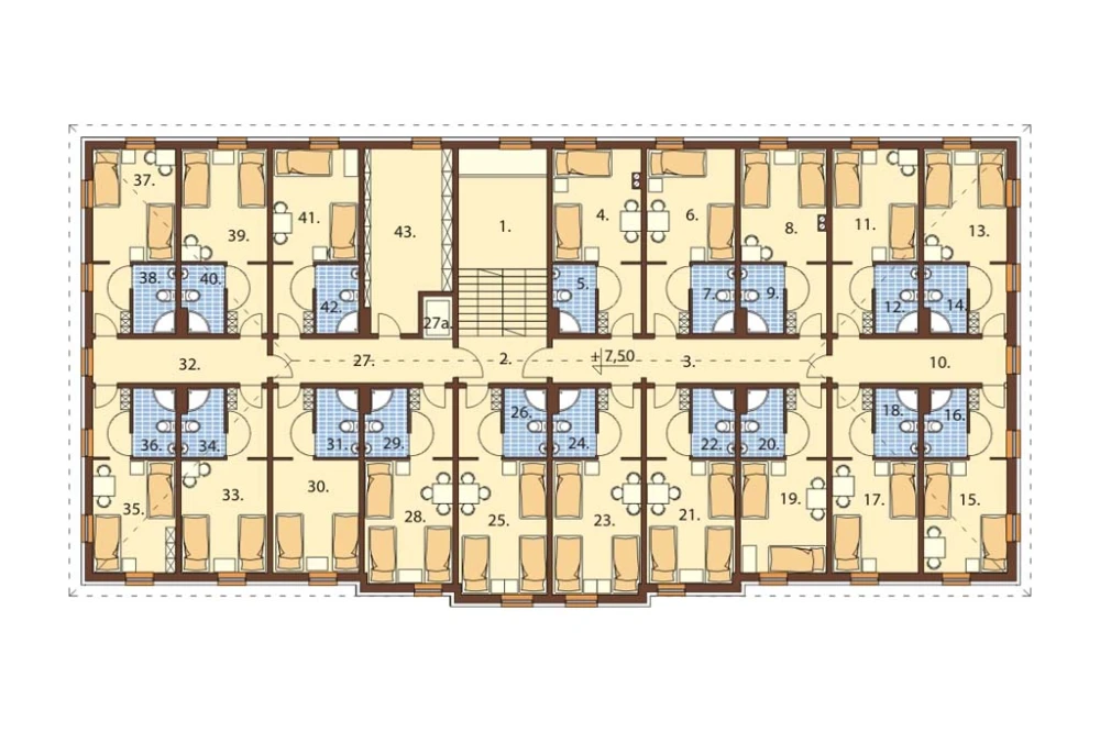 Projekt hotelu K-74, dwupiętrowy, podpiwniczony, bez garażu - rzut drugiego piętra