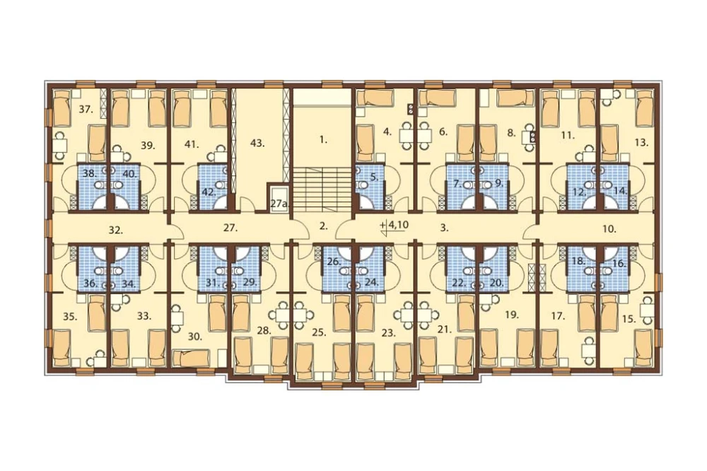 Projekt hotelu K-74, dwupiętrowy, podpiwniczony, bez garażu - rzut pierwszego piętra