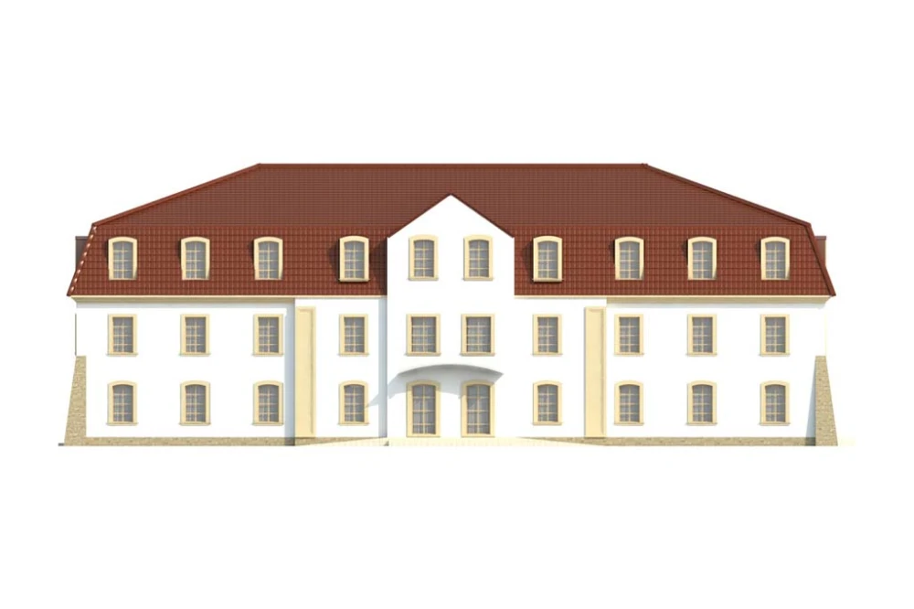 Projekt hotelu K-74, dwupiętrowy, podpiwniczony, bez garażu - elewacja frontowa