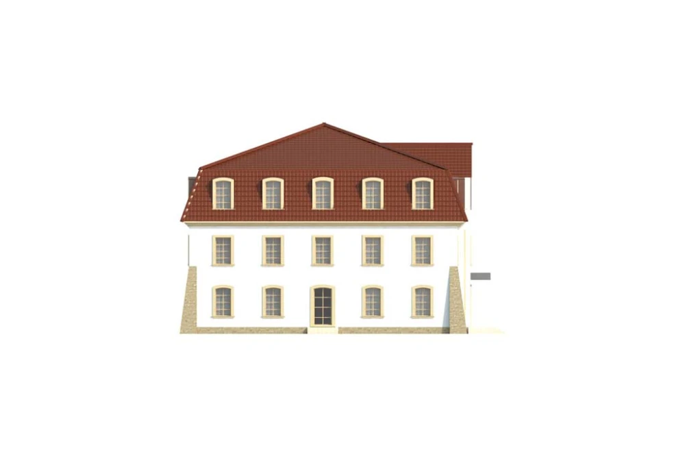 Projekt hotelu K-74, dwupiętrowy, podpiwniczony, bez garażu - elewacja lewa