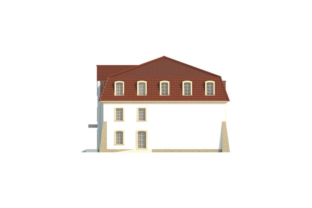 Projekt hotelu K-74, dwupiętrowy, podpiwniczony, bez garażu - elewacja prawa