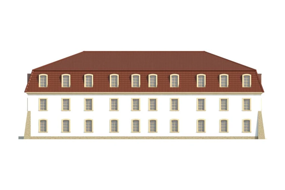 Projekt hotelu K-74, dwupiętrowy, podpiwniczony, bez garażu - elewacja ogrodowa