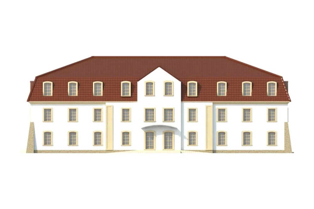 Projekt hotelu LK-74, dwupiętrowy, podpiwniczony, bez garażu - elewacja frontowa