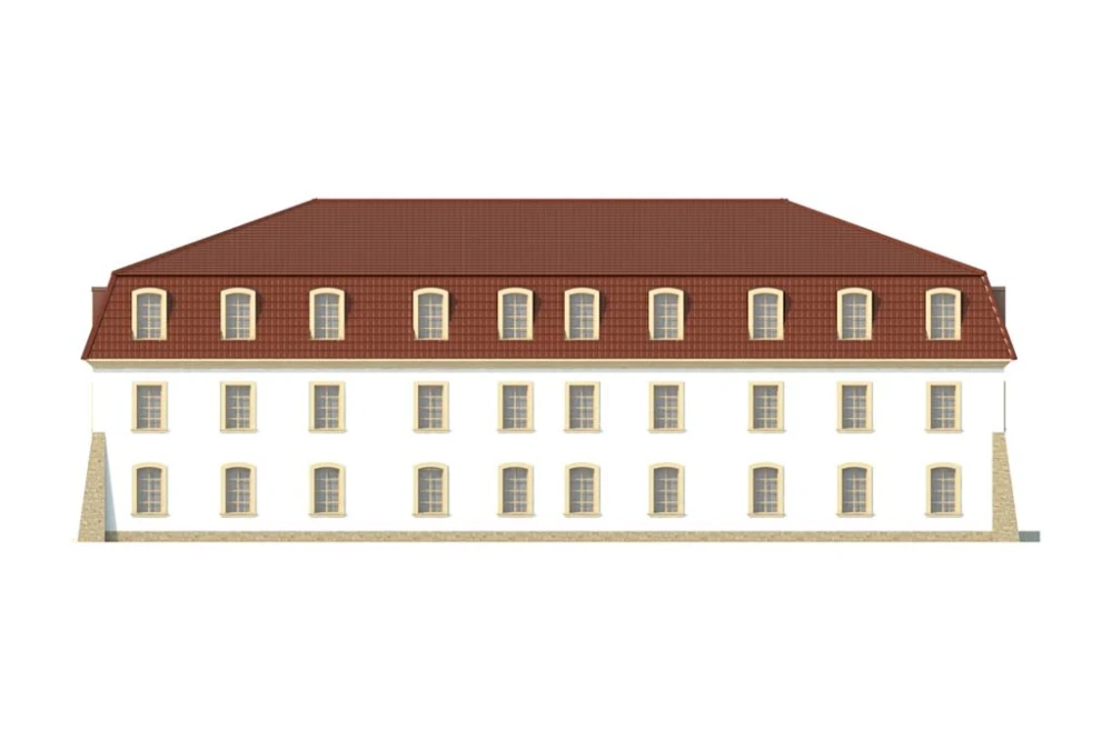Projekt hotelu LK-74, dwupiętrowy, podpiwniczony, bez garażu - elewacja ogrodowa