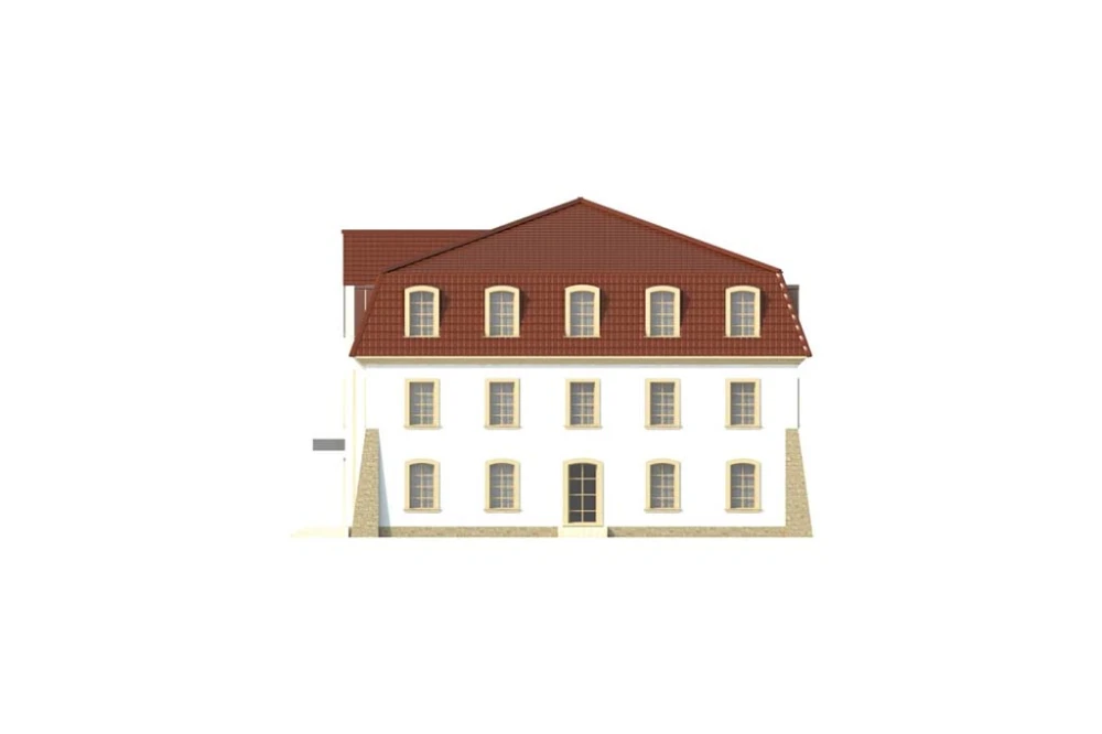Projekt hotelu LK-74, dwupiętrowy, podpiwniczony, bez garażu - elewacja prawa