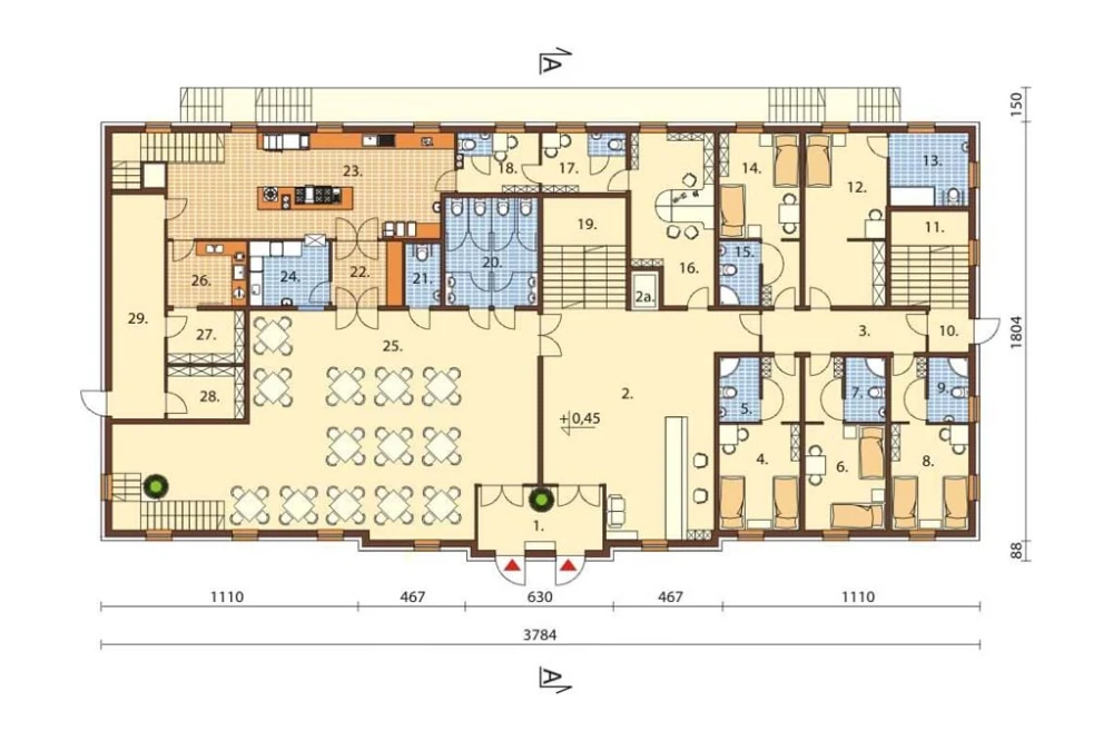 Projekt hotelu LK-74, dwupiętrowy, podpiwniczony, bez garażu - rzut parteru