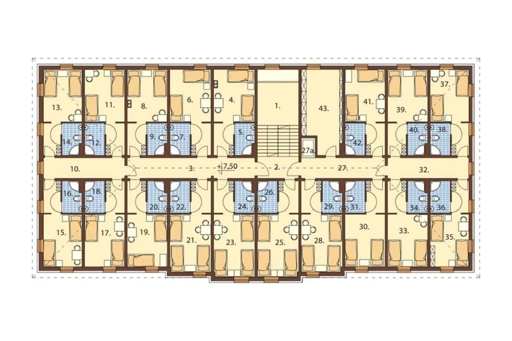 Projekt hotelu LK-74, dwupiętrowy, podpiwniczony, bez garażu - rzut drugiego piętra