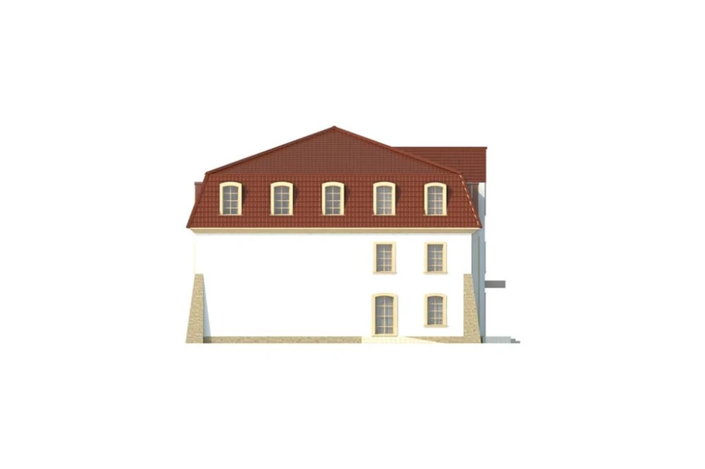 Projekt hotelu LK-74, dwupiętrowy, podpiwniczony, bez garażu - elewacja lewa