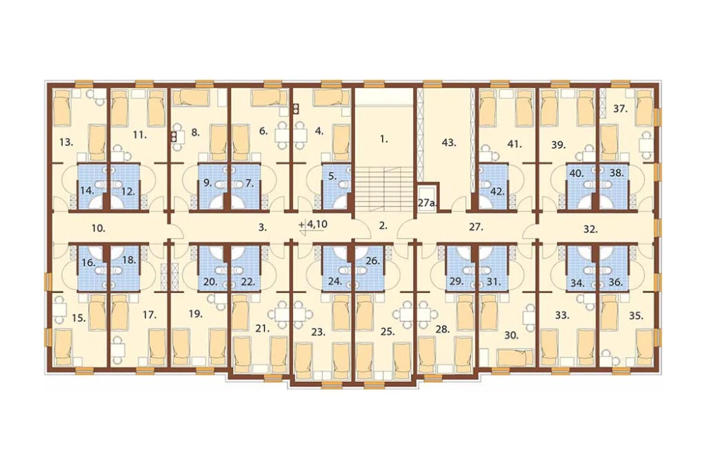 Projekt hotelu LK-74, dwupiętrowy, podpiwniczony, bez garażu - rzut pierwszego piętra