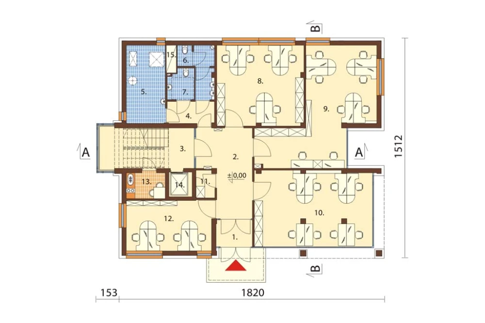 Projekt biurowca K-75, czteropiętrowy, bez podpiwniczenia, bez garażu - rzut parteru