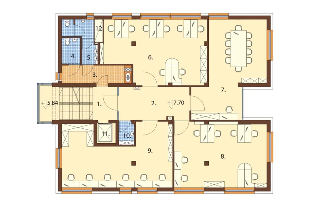 Projekt biurowca K-75, czteropiętrowy, bez podpiwniczenia, bez garażu - rzut drugiego piętra