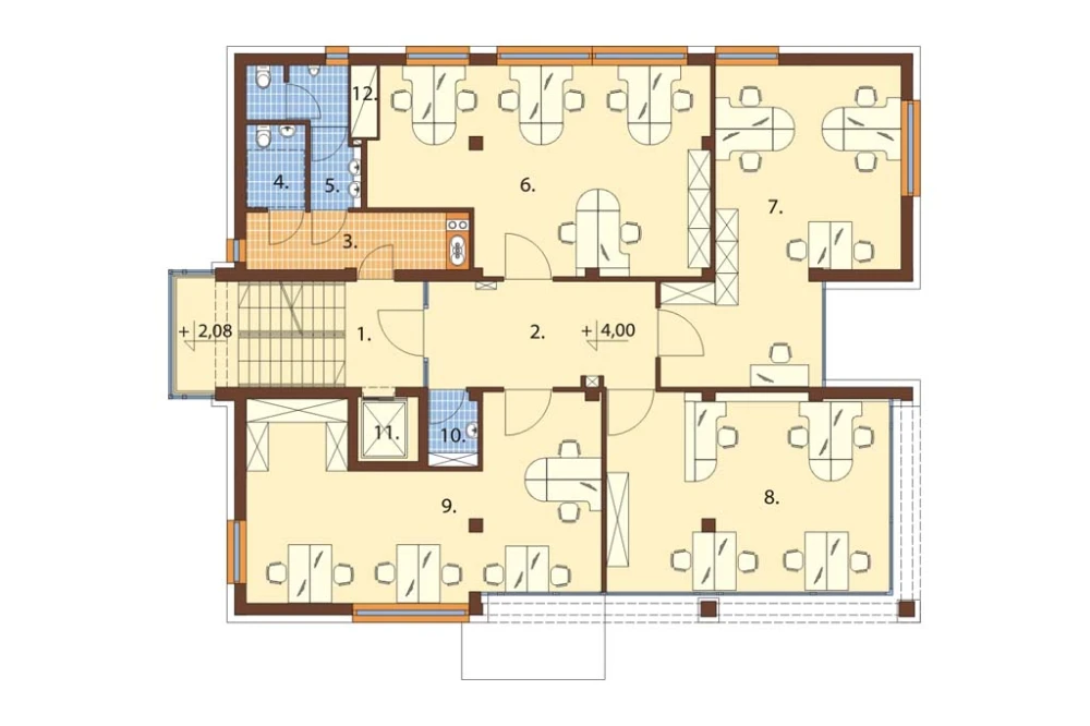 Projekt biurowca K-75, czteropiętrowy, bez podpiwniczenia, bez garażu - rzut pierwszego piętra