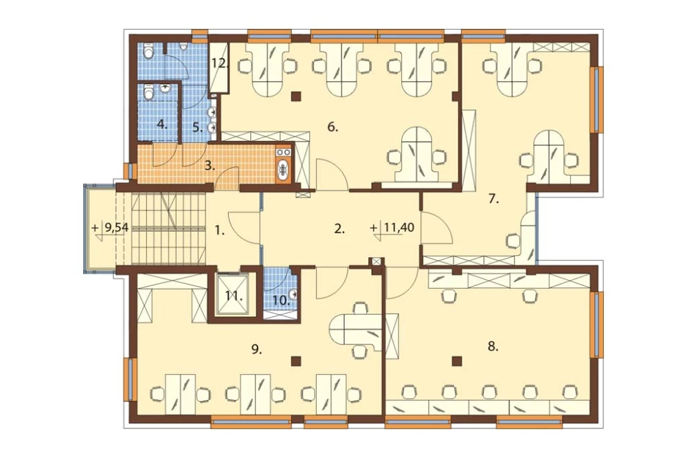 Projekt biurowca K-75, czteropiętrowy, bez podpiwniczenia, bez garażu - rzut trzeciego piętra