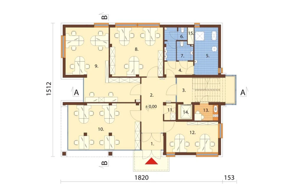 Projekt biurowca LK-75, czteropiętrowy, bez podpiwniczenia, bez garażu - rzut parteru