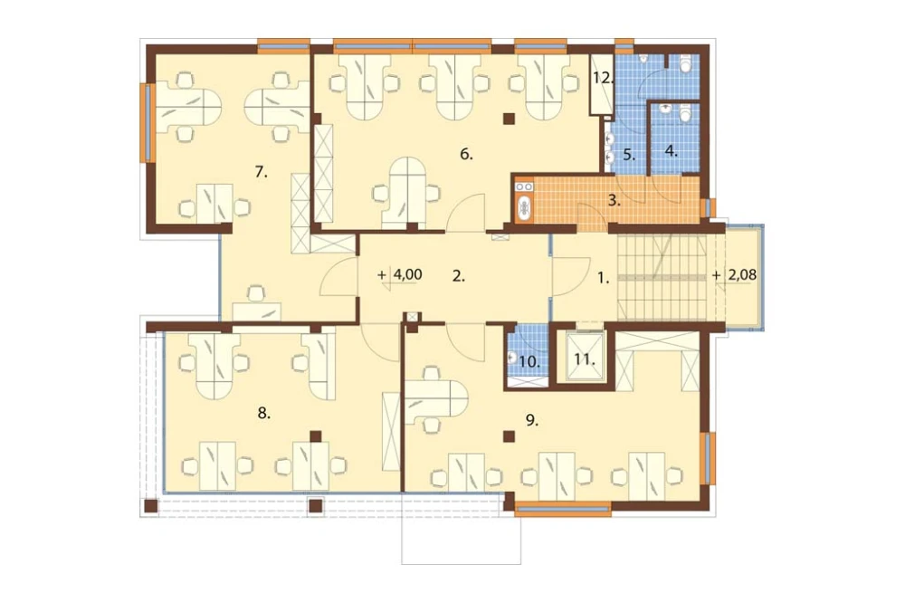 Projekt biurowca LK-75, czteropiętrowy, bez podpiwniczenia, bez garażu - rzut pierwszego piętra