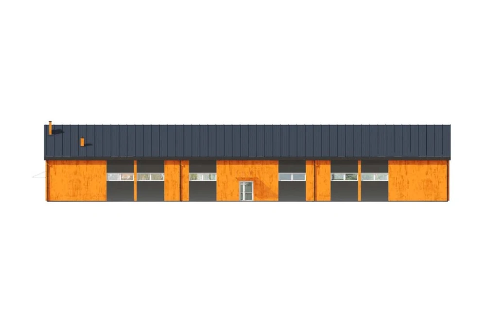 Projekt hali magazynowej LK-95, parterowa z częściowym poddaszem użytkowym, niepodpiwniczona - elewacja prawa