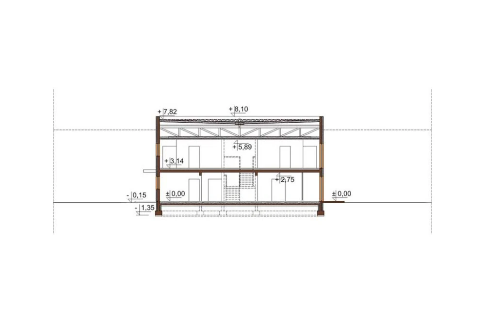 Projekt hotelu K-96, dwukondygnacyjny, niepodpiwniczony, bez garażu - przekrój B-B
