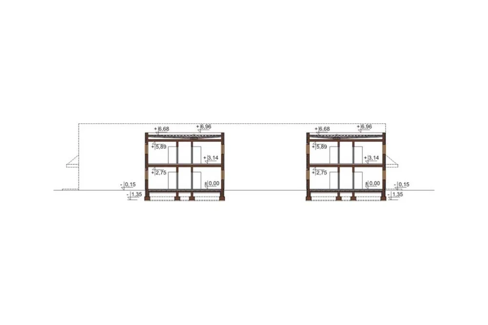 Projekt hotelu LK-96, dwukondygnacyjny, niepodpiwniczony, bez garażu - przekrój A-A