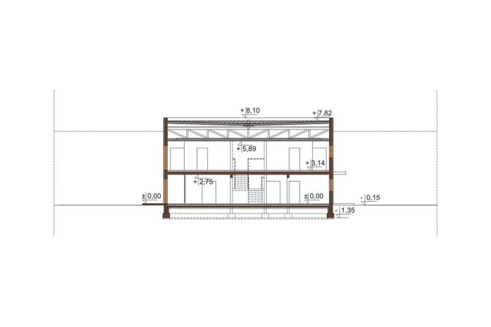 Projekt hotelu LK-96, dwukondygnacyjny, niepodpiwniczony, bez garażu - przekrój B-B