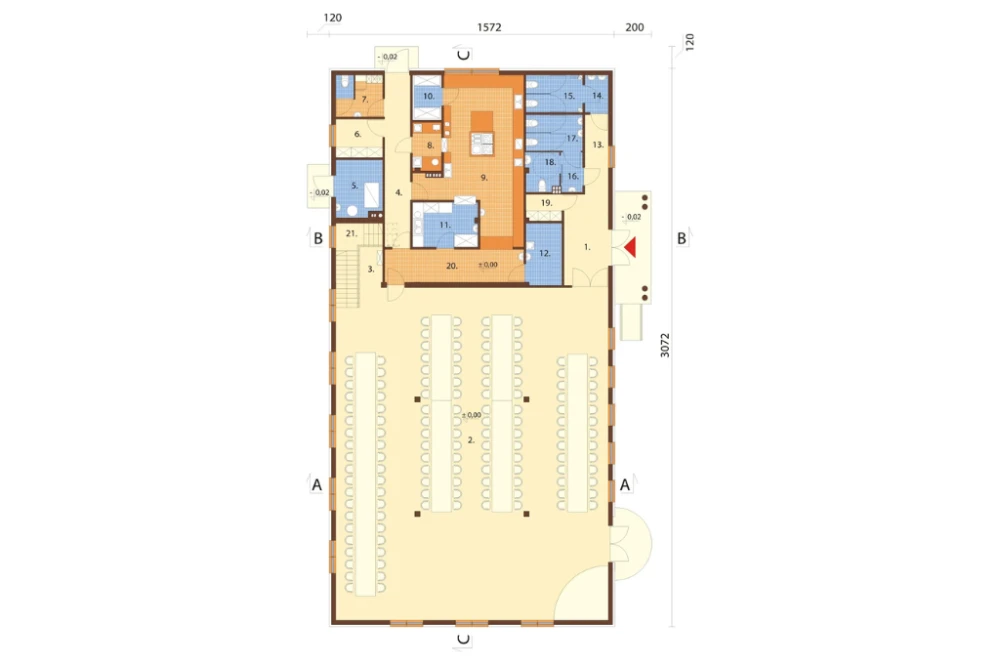 Projekt restauracji, domu weselnego K-24, parterowy z częściowym poddaszem użytkowym (antresola), bez podpiwniczenia - rzut parteru