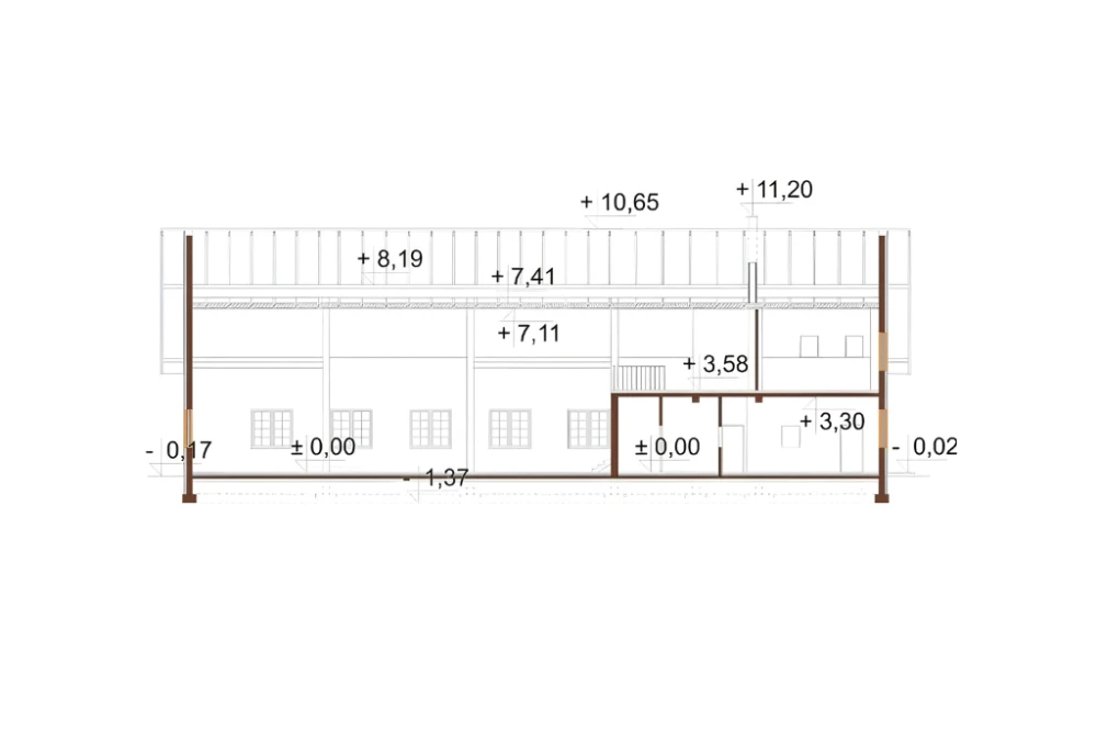 Projekt restauracji, domu weselnego K-24, parterowy z częściowym poddaszem użytkowym (antresola), bez podpiwniczenia - przekrój C-C