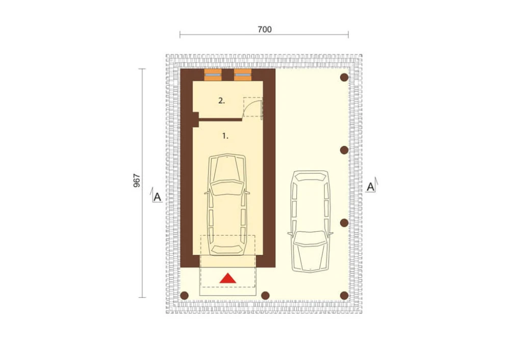 Projekt garażu jednostanowiskowego LZG-42, parterowy, bez podpiwniczenia, z wiatą - rzut parteru