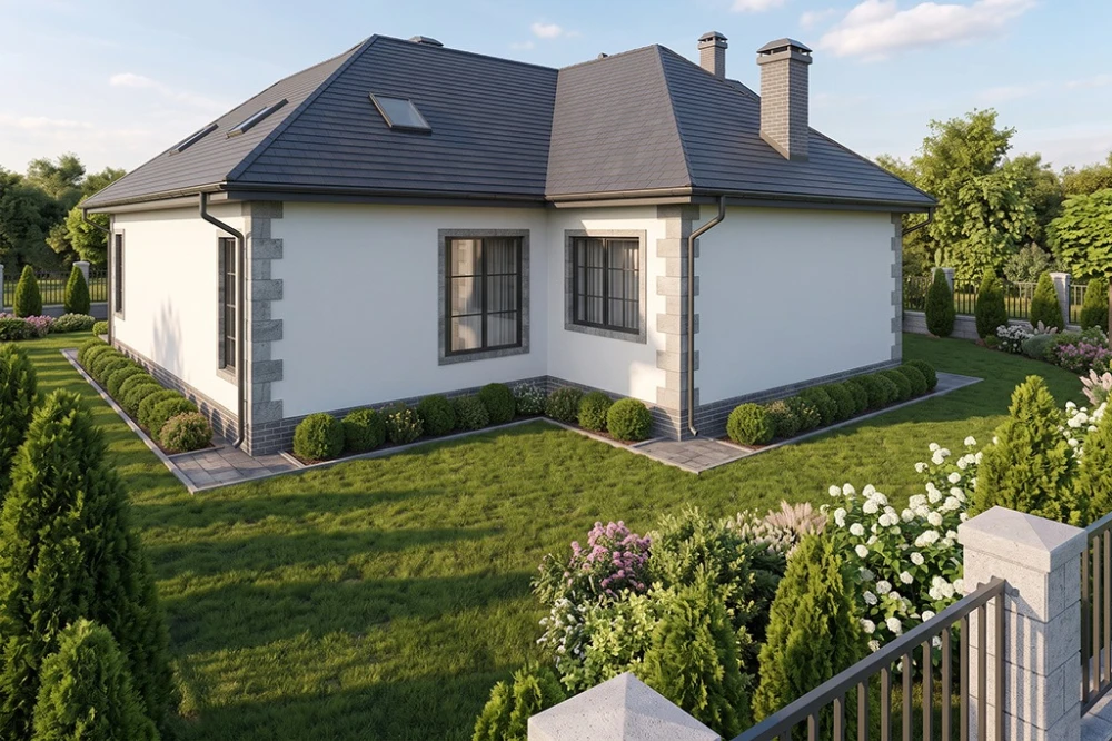 Projekt domu Rokutów L-6136, jednorodzinny, z poddaszem użytkowym, technologia tradycyjna murowana, dach czterospadowy kryty dachówką ceramiczną - wizualizacja elewacji lewej