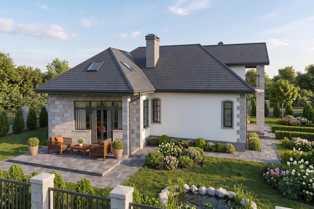 Projekt domu Prandocin tech. DM-6136 tech., jednorodzinny, z poddaszem użytkowym, technologia tradycyjna murowana, dach czterospadowy kryty dachówką ceramiczną - wizualizacja elewacji lewej