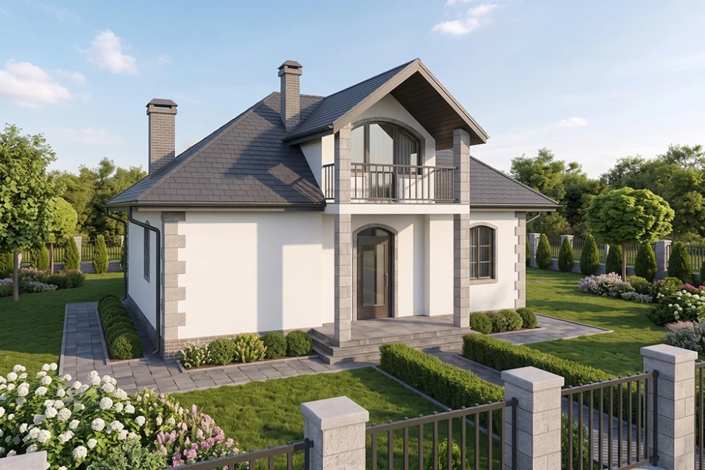 Projekt domu Rokutów tech. L-6136 tech., jednorodzinny, z poddaszem użytkowym, technologia tradycyjna murowana, dach czterospadowy kryty dachówką ceramiczną - wizualizacja elewacji frontowej ujęcie 2
