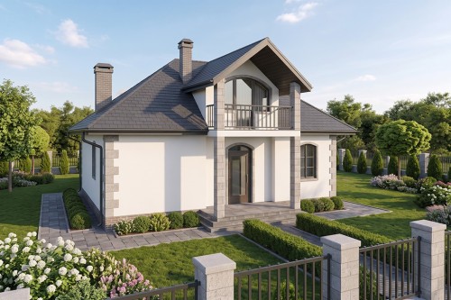 Projekt domu Rokutów tech. L-6136 tech., jednorodzinny, z poddaszem użytkowym, technologia tradycyjna murowana, dach czterospadowy kryty dachówką ceramiczną - wizualizacja elewacji frontowej ujęcie 2