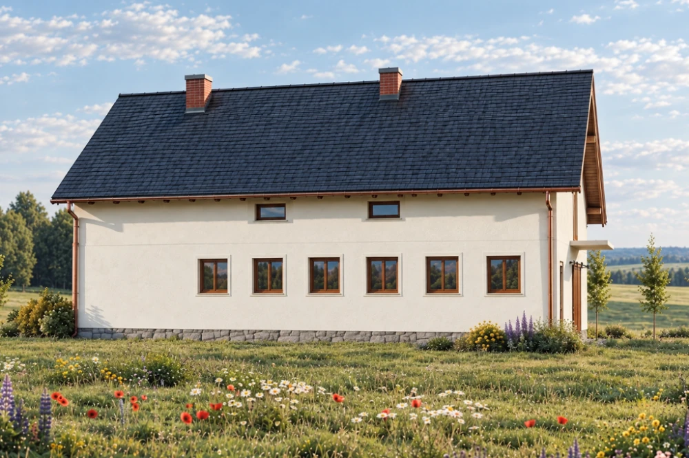 Projekt obory, chlewni ZG-04, parterowy ze strychem, bez podpiwniczenia - wizualizacja elewacji ogrodowej