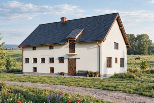 Projekt obory, chlewni ZG-04, parterowy ze strychem, bez podpiwniczenia - wizualizacja elewacji prawej