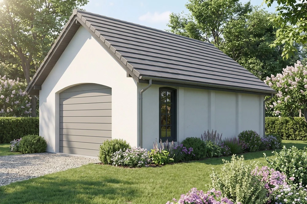 Projekt garażu LZG-124, parterowy, niepodpiwniczony, jednostanowiskowy - wizualizacja elewacji frontowej