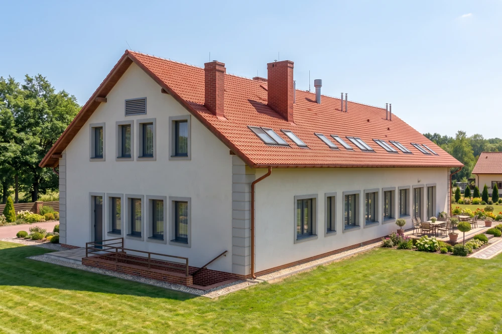 Projekt restauracji, domu weselnego K-18 C,  parterowy z poddaszem użytkowym, częściowo podpiwniczony - wizualizacja elewacji prawej