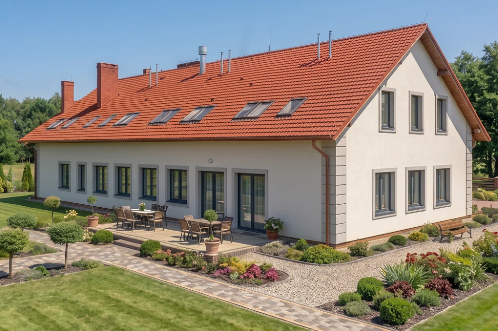 Projekt restauracji, domu weselnego K-18 C,  parterowy z poddaszem użytkowym, częściowo podpiwniczony - wizualizacja elewacji ogrodowej