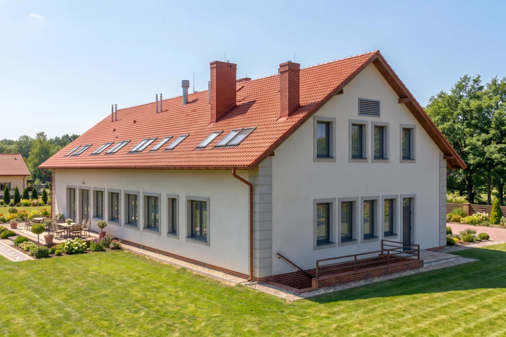 Projekt restauracji, domu weselnego LK-18 C,  parterowy z poddaszem użytkowym, częściowo podpiwniczony - wizualizacja elewacji lewej
