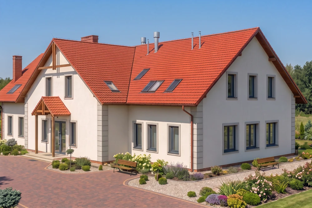 Projekt restauracji, domu weselnego LK-18 C,  parterowy z poddaszem użytkowym, częściowo podpiwniczony - wizualizacja elewacji prawej