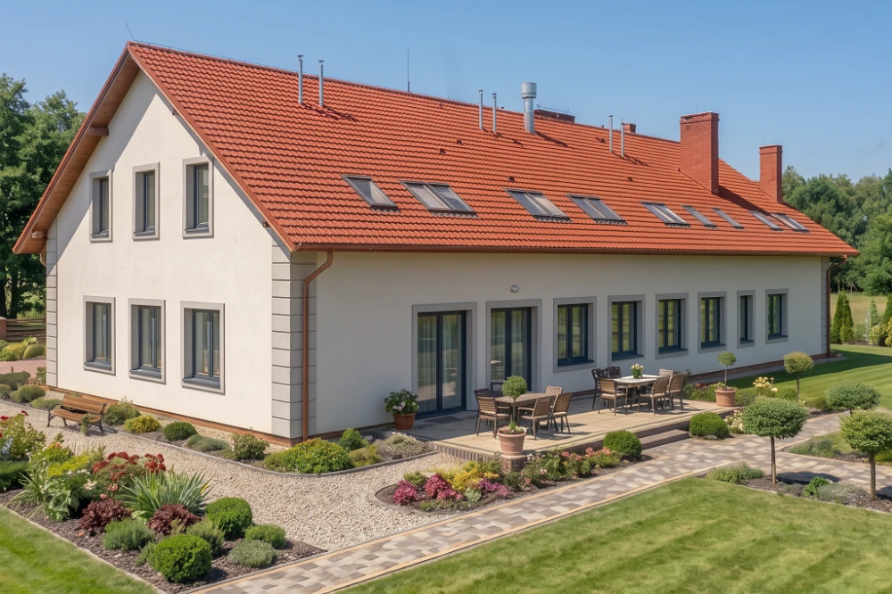 Projekt restauracji, domu weselnego LK-18 C,  parterowy z poddaszem użytkowym, częściowo podpiwniczony - wizualizacja elewacji ogrodowej