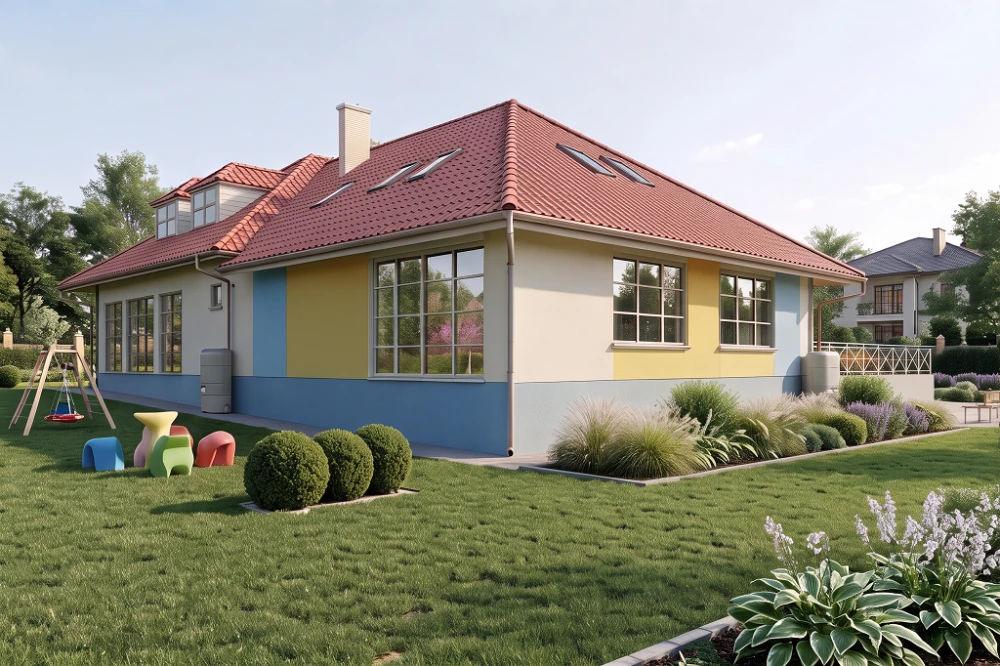 Projekt przedszkola K-45, parterowy z poddaszem użytkowym, bez podpiwniczenia - wizualizacja elewacji prawej
