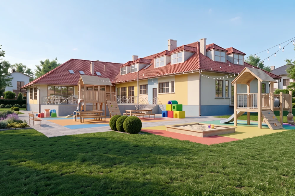 Projekt przedszkola K-45, parterowy z poddaszem użytkowym, bez podpiwniczenia - wizualizacja elewacji ogrodowej