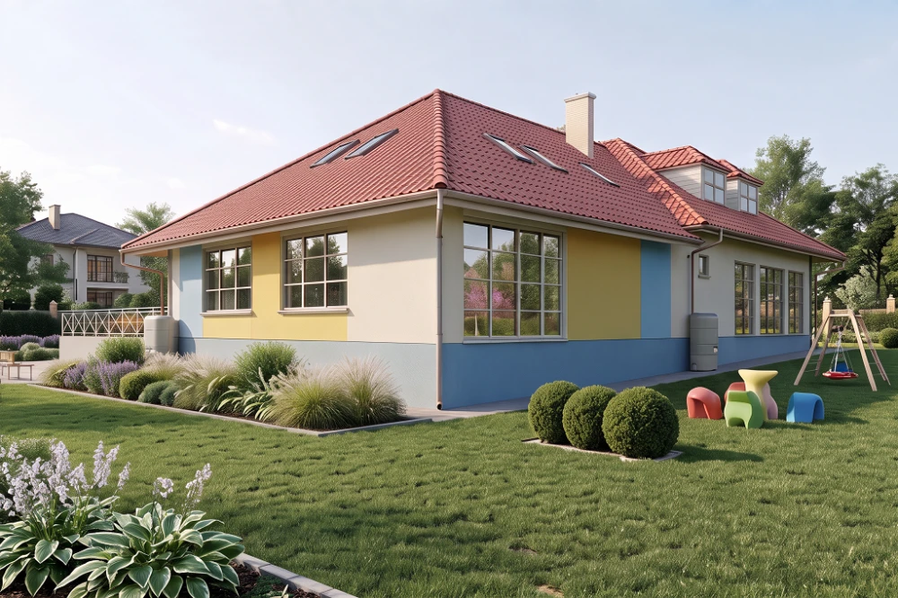 Projekt przedszkola LK-45, parterowy z poddaszem użytkowym, bez podpiwniczenia - wizualizacja elewacji lewej