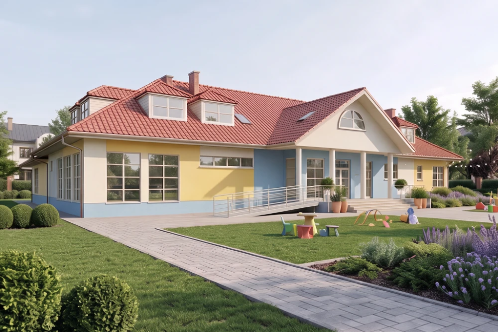 Projekt przedszkola LK-45, parterowy z poddaszem użytkowym, bez podpiwniczenia - wizualizacja elewacji frontowej