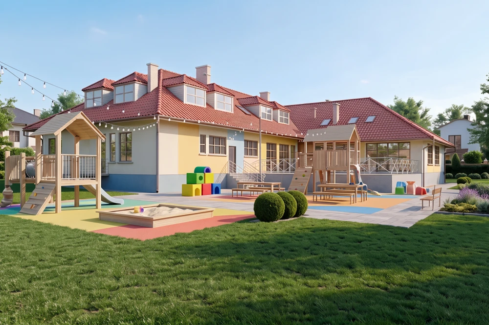 Projekt przedszkola LK-45, parterowy z poddaszem użytkowym, bez podpiwniczenia - wizualizacja elewacji ogrodowej