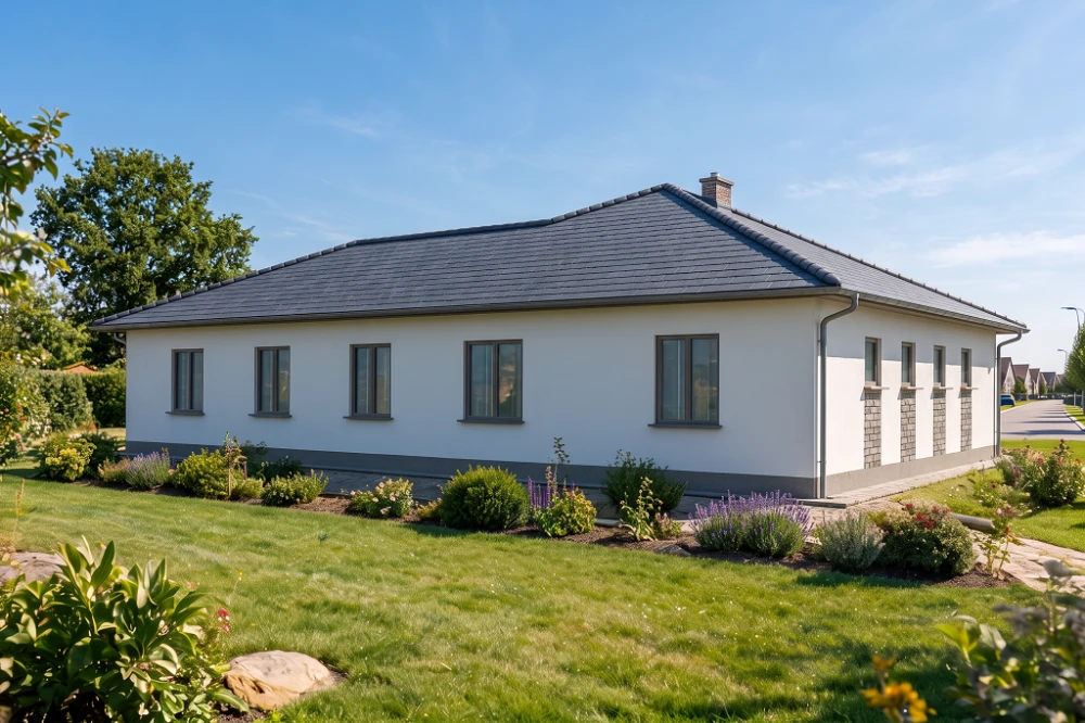 Projekt domu Dołęga DM-6030, parterowy z garażem, bez podpiwniczenia - wizualizacja elewacji ogrodowej