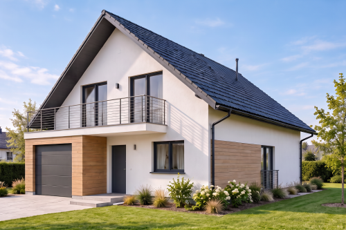 Projekt domu Kufea 2 tech. L-6623 tech., parterowy z poddaszem użytkowym, jednorodzinny, tradycyjny, z garażem, bez podpiwniczenia - wizualizacja elewacji prawej