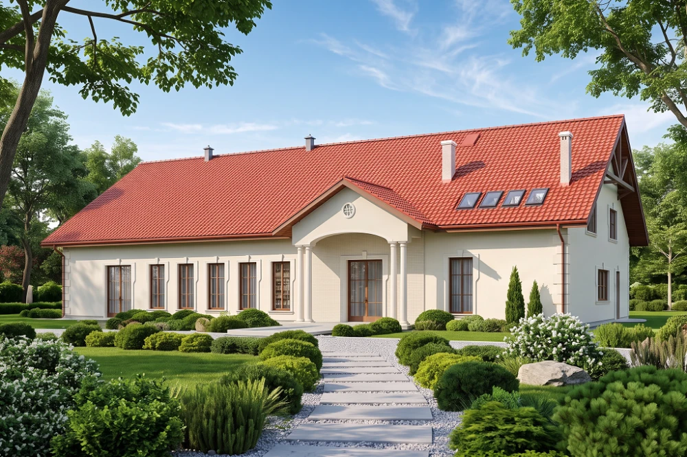 Projekt restauracji, domu weselnego K-24, parterowy z częściowym poddaszem użytkowym (antresola), bez podpiwniczenia - wizualizacja elewacji frontowej